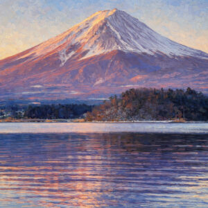 暁光に染まる湖畔の富士